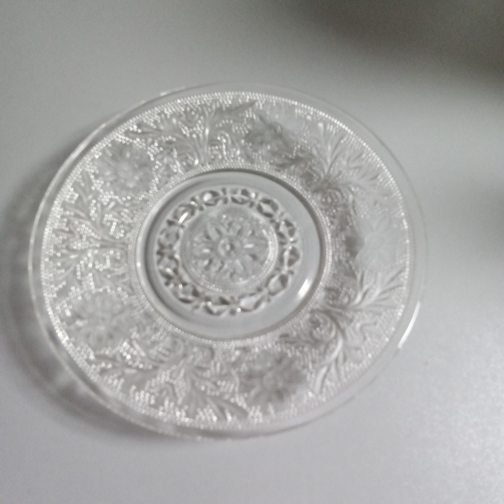 Vintage Clear Pressed Glass Floral Scroll Saucer 6 Inch Tea Plate Trinket Dish